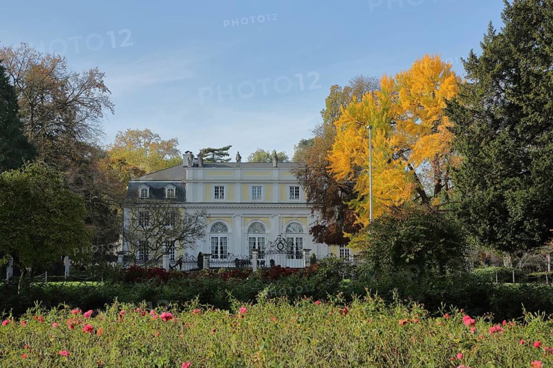Classicist Villa Redoute with garden and fountain in autumn colors, Bad Godesberg, Bonn, North Rhine-Westphalia, Germany