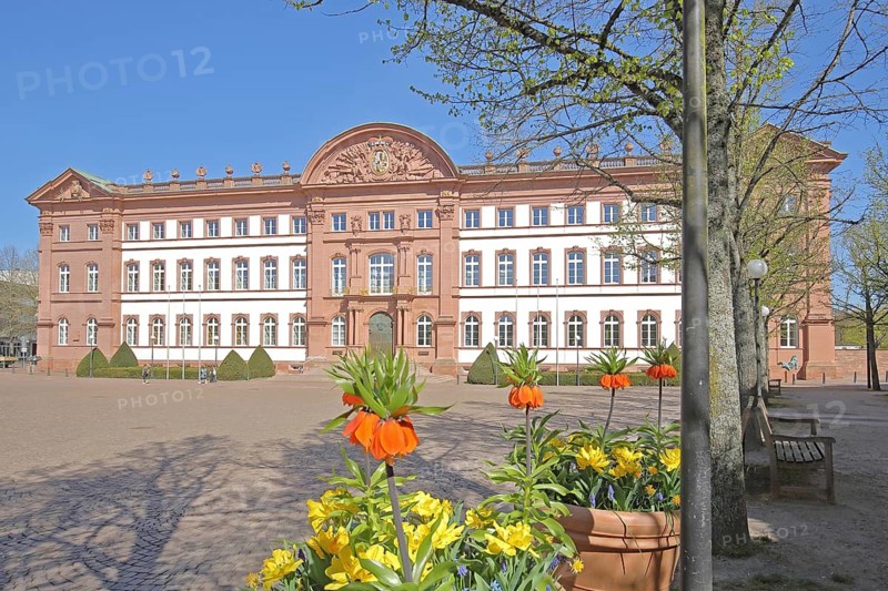 Baroque palace built in 1725 with palace square, floral decoration, imperial crowns, Palatinate Higher Regional Court, Zweibrücken, Rhineland-Palatinate, Germany