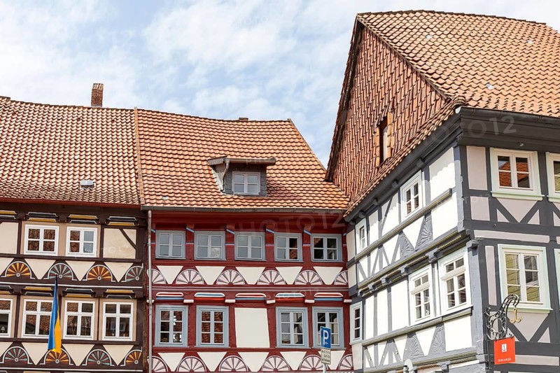 Half-timbered houses decorated with fan rosettes on Steintorstraße, Duderstadt, Lower Saxony, Germany