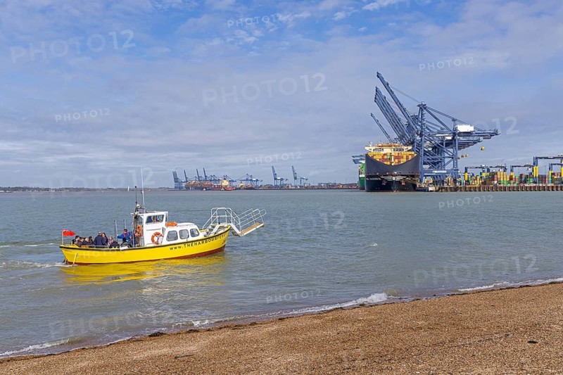 Harbour ferry departs, people, beach, container port, container ship, Felixstowe, England, Great Britain