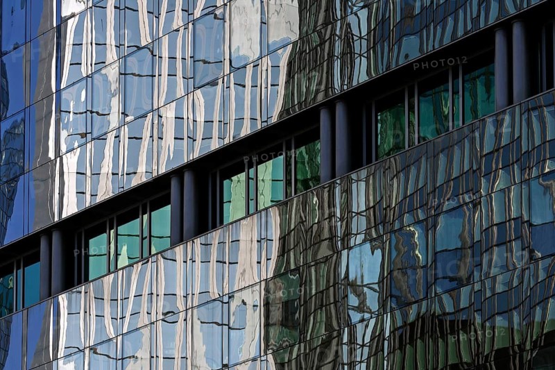 Glass façade with reflections, banking district, Westend, Frankfurt am Main, Hesse, Germany