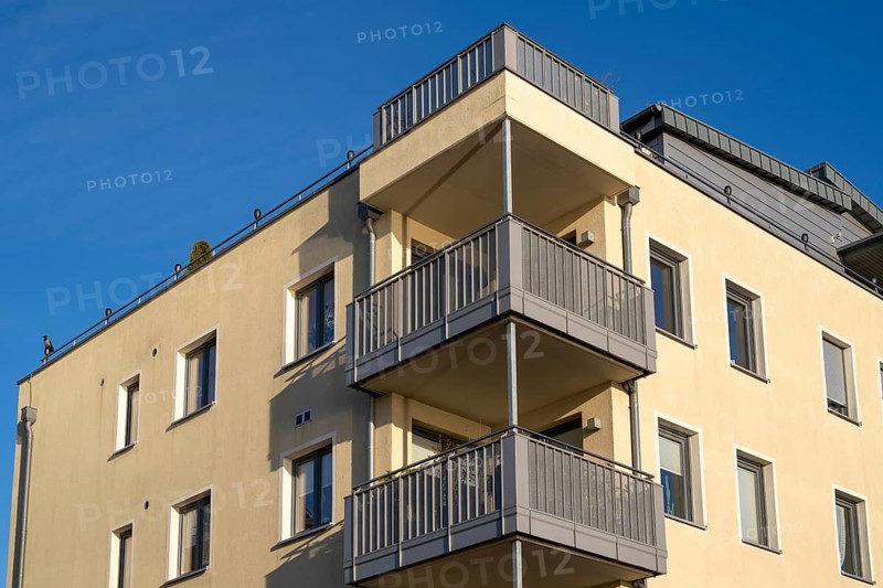 Apartment building with balconies, facade in detail, Waren, Müritz, Mecklenburg Lake District, Mecklenburg, Mecklenburg-Vorpommern, Germany