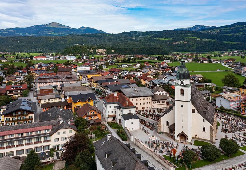 Drone shot, view of village with church, Kuchl, Salzachtal, Tennengau, Salzburg province, Austria
