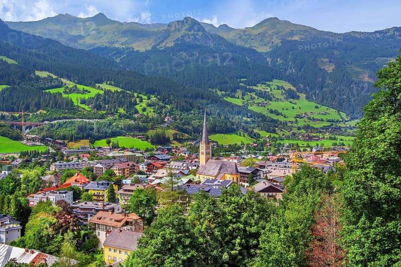 View of the village with parish church, Bad Hofgastein, Gastein Valley, Hohe Tauern, Pongau, Salzburg Province, Austria