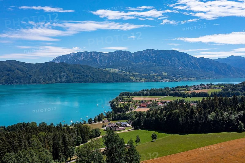 Drone shot, panorama shot, Zell am Attersee with Höllengebirge, Salzkammergut, Upper Austria, Austria