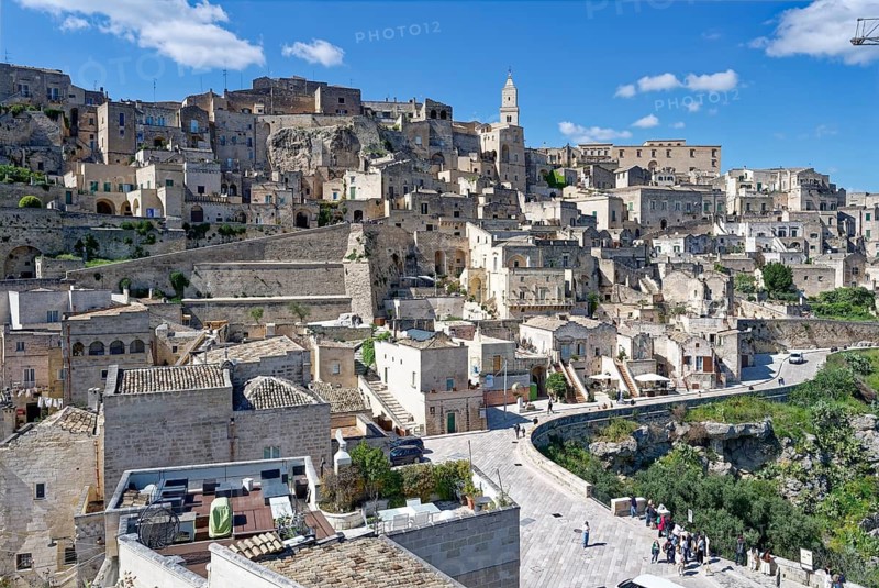 Old town of the cave town of Matera in the southern Italian region of Basilicata. The cave villages, Sassi, are UNESCO World Heritage Sites. Matera, Basilicata, Italia