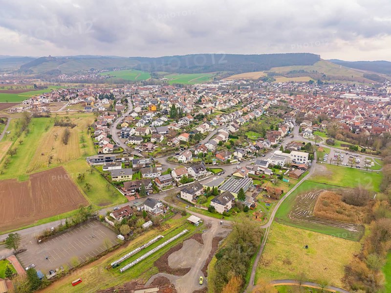 Bird's eye view of urban surroundings with residential buildings, streets and nature, Großbottwar, Ludwigsburg district, Baden-Württemberg, Germany