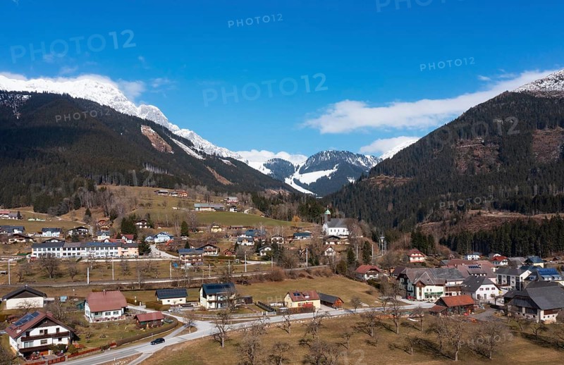 Drone image, residential buildings, view of town, Ardning, Ennstal, Styria, Austria