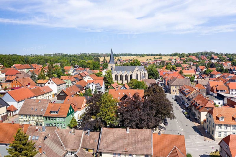 Town view with St Jakobi church from above, Elbingerorde, Harz, Saxony-Anhalt, Germany