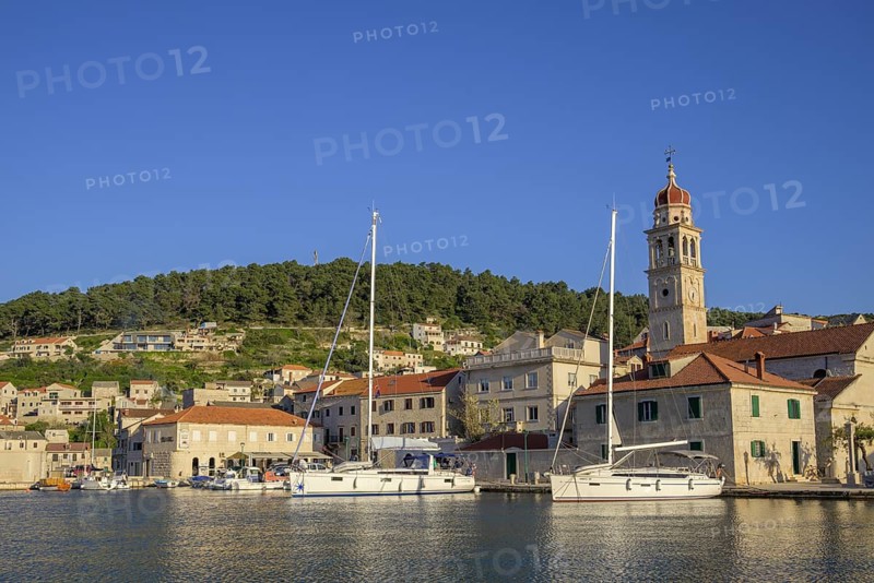 Church of St. Jerome of Stridon and sailing boats, Pucišca, Split-Dalmatia County, Croatia