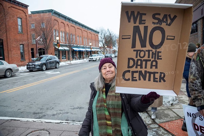 Saline, Michigan USA - 1 December 2025 - Rural Michigan residents rally against the $7 billion Stargate data center planned on southeast Michigan farm land. Protesters say the Data Center is being fast tracked by DTE Energy, the large electric utility, and that it could raise residential electricity rates and endanger the water supply