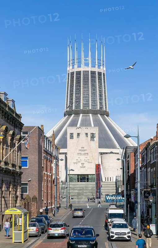 Modern architecture of Roman Catholic cathedral church, Metropolitan Cathedral of Christ the King, Hope Street, city of Liverpool, England, UK