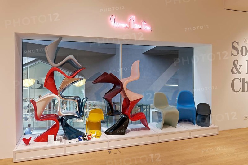 Coloured designer chairs by Verner Panton, exhibit in the Vitra Museum, Vitra Campus, Weil am Rhein, Baden-Württemberg, Germany