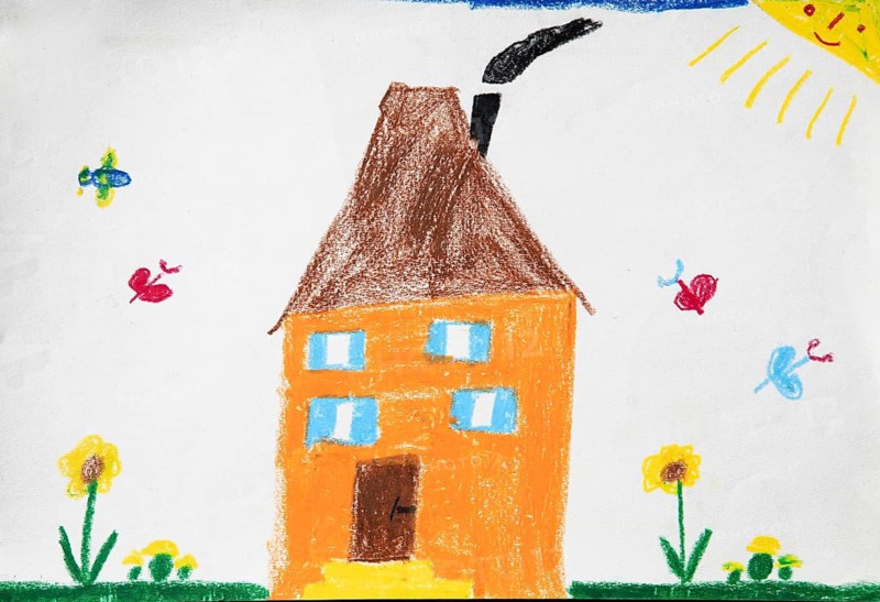 Naive illustration, children's drawing, house with flower meadow and butterflies