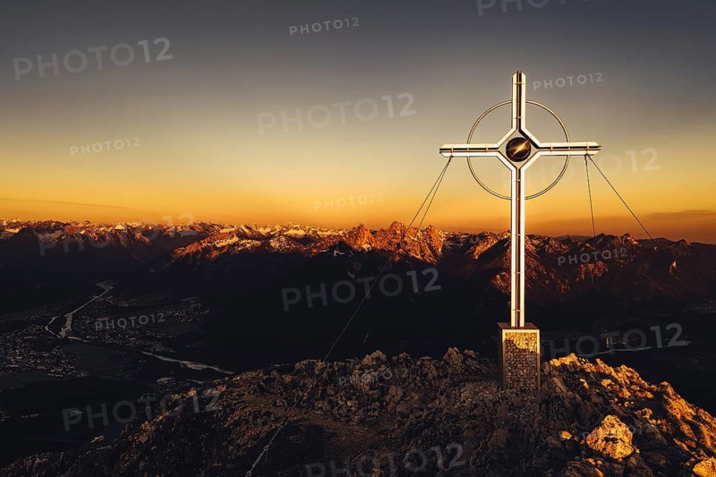 Summit cross, sunrise hiking tour on the Säuling in the Allgäu in Bavaria, Germany