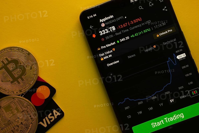 Dhaka, Bangladesh- 30 June 2025: Smartphone displaying Applovin stock data on a trading app with Bitcoin, Visa and Mastercard card on a vibrant yellow background