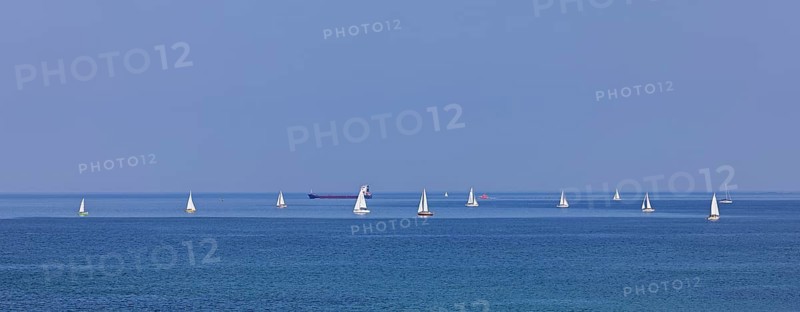 Panorama, sailboats, cargo ship, Baltic Sea, Altbülk, beaches, Schleswig-Holstein, Germany