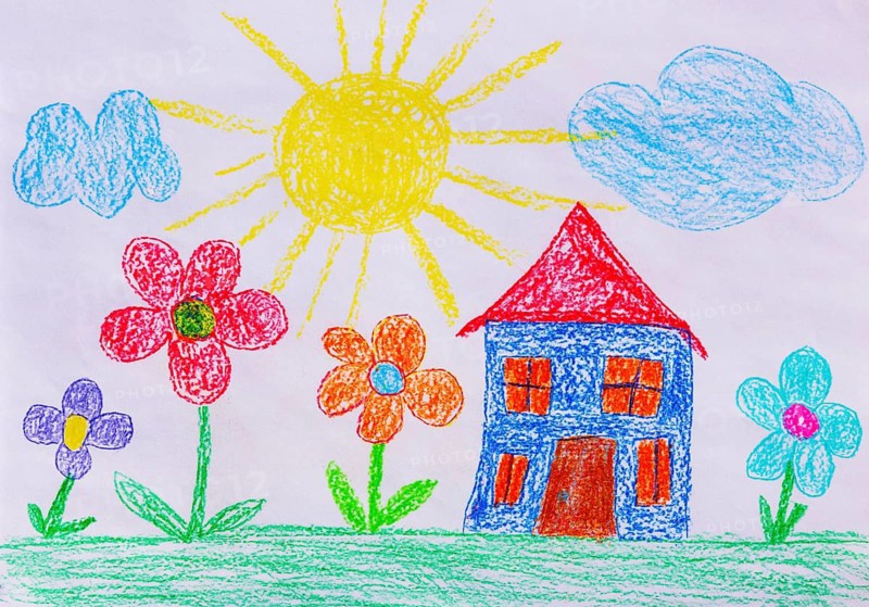 Naive illustration, children's drawing, house with garden, flowers, sunshine and cloud, Austria