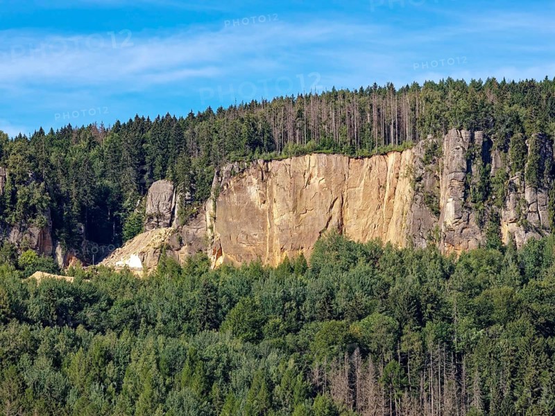 High rock formation in the Heuscheuergebirge National Park. The Heuscheuergebirge National Park, Park Narodowy Gopr Stolowych, is located in the Central Sudetes, Lower Silesia, in southwestern Poland. aerial view. Radkow, Szczytna, Silesia, Poland