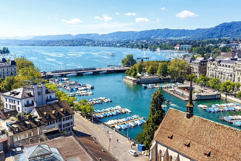 Lake Zurich skyline from above with Lake Zurich in Zurich, Switzerland