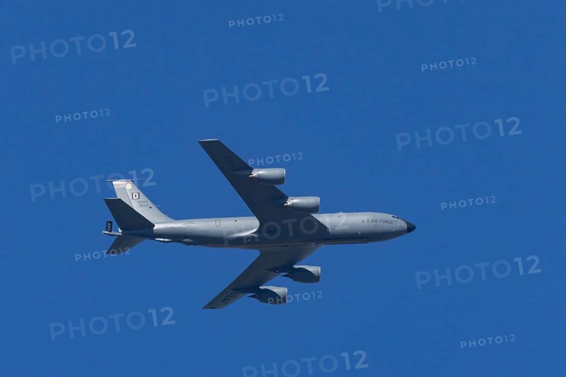 Boeing KC-135 Stratotanker military jet aircraft of the United States air force USAF flying in a blue sky, England, United Kingdom