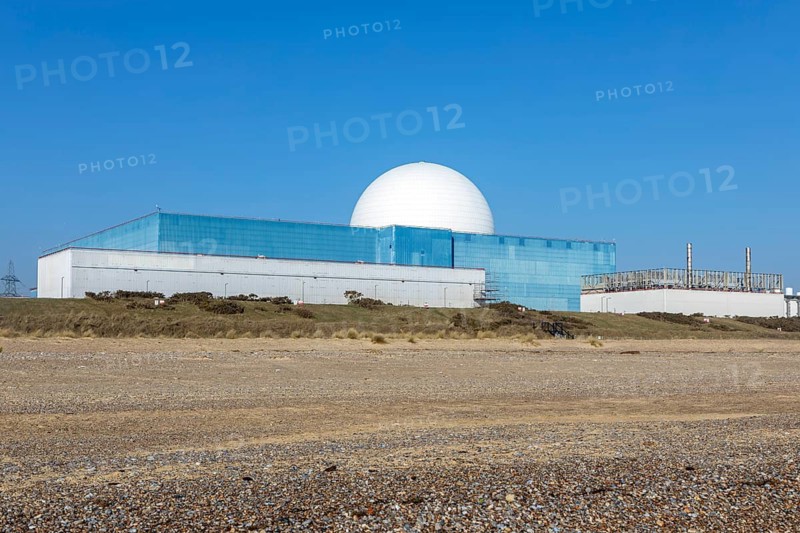 View from beach white dome of Sizewell B PWR nuclear power station, Suffolk, England, UK operational since 1995