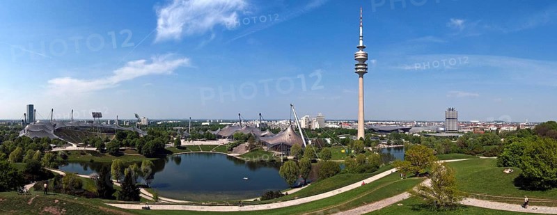 View from Olympiaberg to Olympic Stadium, Olympic Lake, Olympic Tower, Olympic Hall, Olympic Swimming Pool, Olympic Park, Munich, Bavaria, Germany