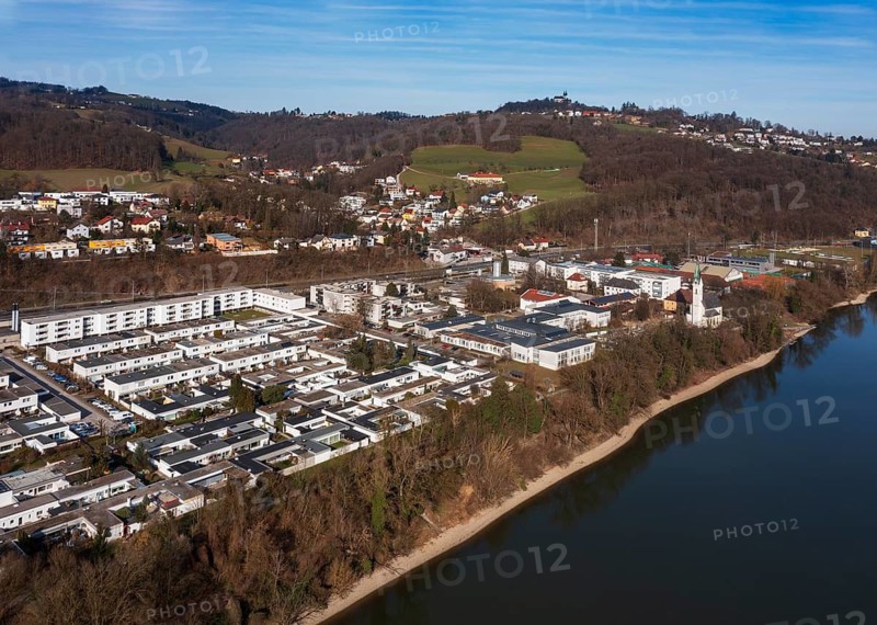 Drone image, housing estate, apartment blocks and high-rise estate, Puchenau, Linz Land district, Danube, Upper Austria, Austria