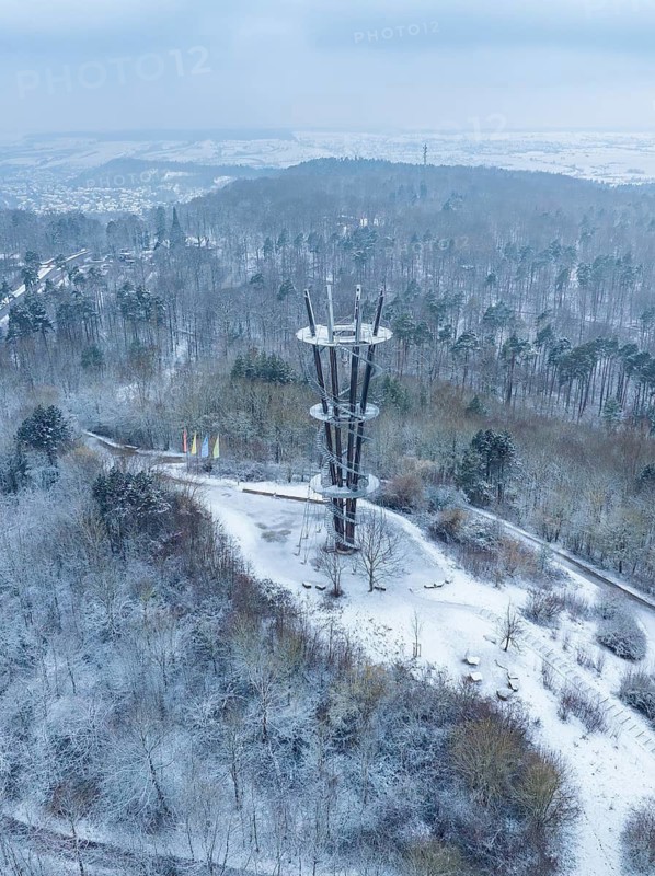 An observation tower in a snowy forest on a hill under a cloudy sky, Schönbuchturm, Herrenberg, Germany