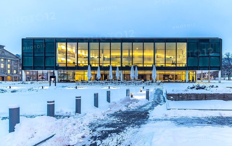 Exterior view of the state parliament building. Winter in Stuttgart. The city is wintry white early in the morning. Stuttgart, Baden-Württemberg, Germany