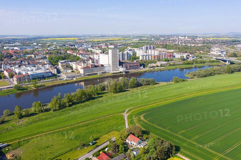 Aerial view of Riesa with Elbe, Saxony, Germany