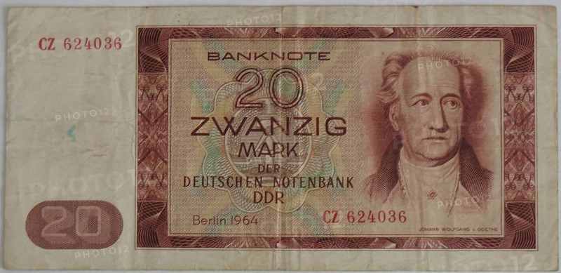 Banknote, banknote, 20 Mark, GDR, reproduction of a historical banknote