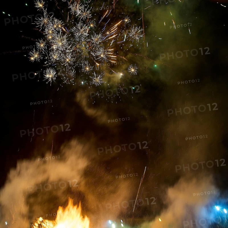 ©Udo Rein, Spectacular fireworks in the night sky with smoke and sparks over a burning fire, Easter fire Psinthos, Holy Saturday, Easter, Psinthos, Rhodes, Dodecanese, Greek Islands, Greece
