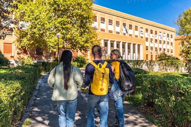 Rear view of three multi-ethnic students walking to the university