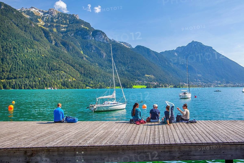 Bathing jetty on the lakeshore, Pertisau, Achensee, Tyrol, Austria