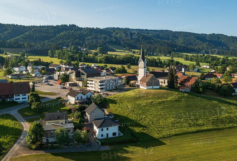 Drone image, view of village with parish church, Hohenweiler, Vorarlberg, Austria