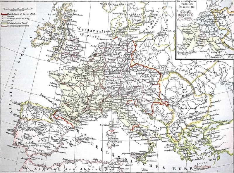 Map from 1890, Europe at the time of the Carolingians, Charlemagne's empire, illustration, reproduction from a model from the 19th century. Authentic, file restored for optimal use, exact date of submission unknown, historical, historical map of Europe with detailed borders and geographical details