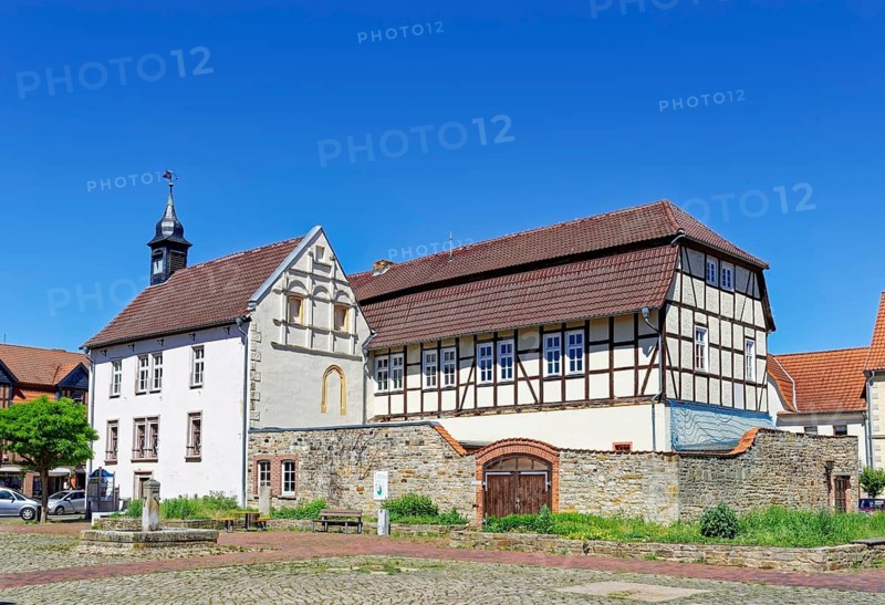 The town hall on the market square of Oebisfelde in the UNESCO biosphere reserve Drömling Saxony-Anhalt. Oebisfelde-Weferlingen, Börde, Saxony-Anhalt, Germany