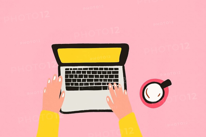 A simple illustration of a person typing on a laptop. The background is pink with a coffee cup nearby, emphasizing productivity and creativity in a minimalist style
