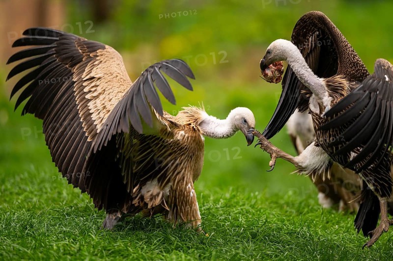 Griffon Vultures (Gyps fulvus) arguing with each other on a meadow in spring, bavaria, Germany