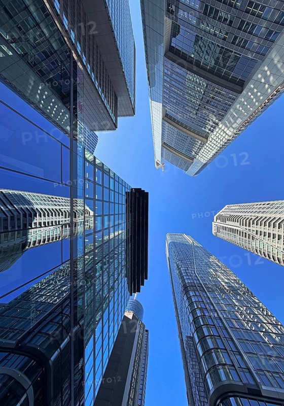 Frog's eye view of skyscrapers in the banking district, Four Frankfurt, Frankfurt am Main, Hesse, Germany