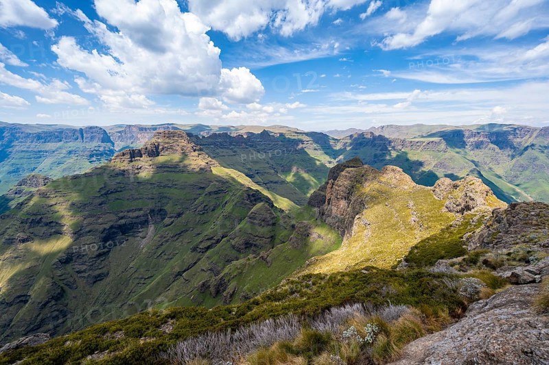 Mountain landscape of the Cathedral Range, view from the summit of Cathedral Peak or Cathedralpiek or Mponjwana, Drakensberg Mountains, KwaZulu-Natal, South Africa