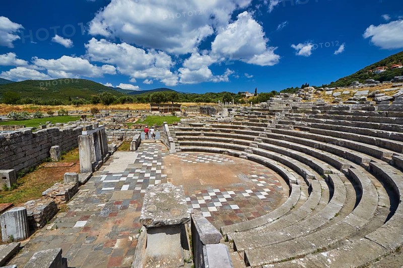Ecclesiasterion, Roman ruins of a theatre with green surroundings under cloudy sky, ancient site, archaeological site, Messene, Messini, Messinia, southwest of the Peloponnese, odyssey, Odyssey, Odysseus, Ulysses, film, filming location, Matt Damon, Peloponnese, peninsula, Greece