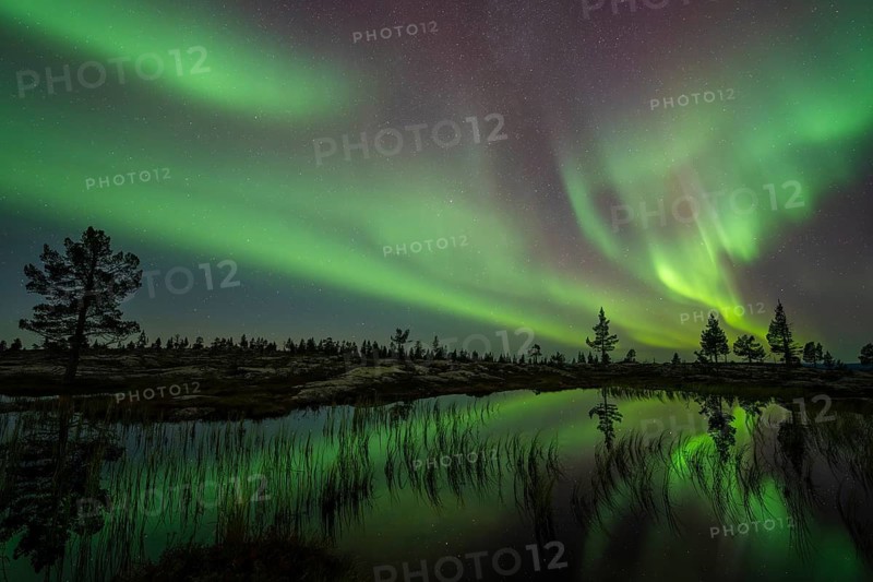 Northern Lights (Aurora borealis) reflected in a mountain lake, Norrbotten, Lapland, Sweden, September 2024