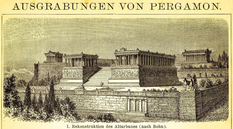 Reconstruction of the altar building, temple complex, stairs, wall, pillars, group of buildings, horse-drawn carriage, statue, excavations of Pergamon, ancient Greek city founding in present-day Turkey, architecture, lettering, Asia Minor, historical illustration 1885