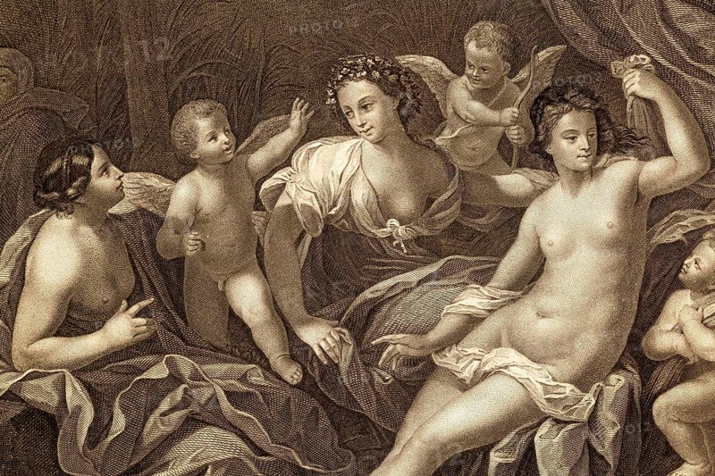 Detail from the painting The Four Seasons by Guido Reni, allegory, seasons, spring, summer, autumn, winter, woman, baroque, Italian painting, 17th century, figure painting, mythology, personification, nature, fertility, harvest, blossoms, fruits, grains, angels, nudity, snow, landscape, symbolism, harmony, beauty, classical art, oil painting, art history, Bologna, masterpiece, allegorical presentation, baroque art, seasonal cycle, curtain, historical illustration 1854