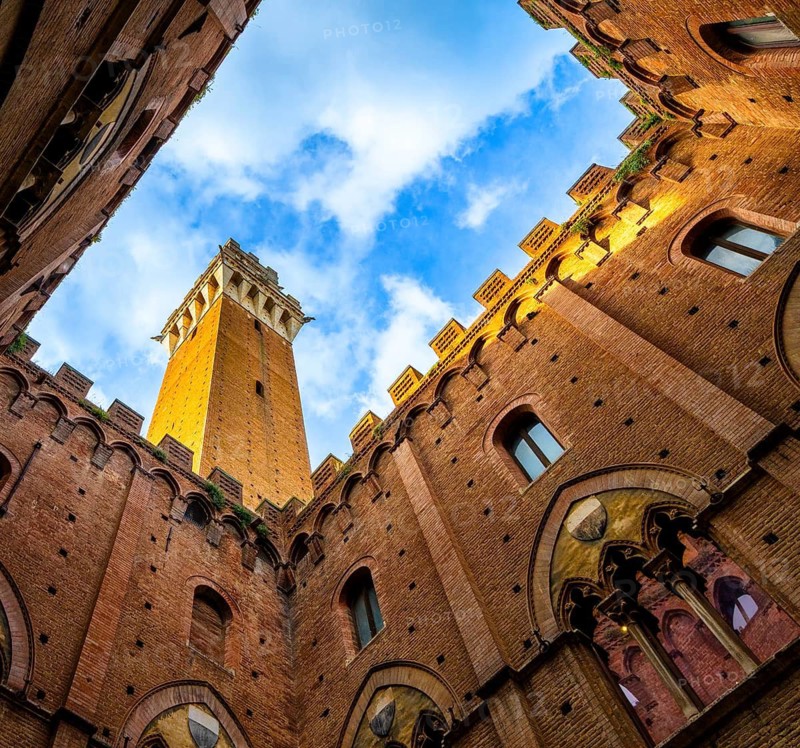Palazzo Pubblico, Gothic-style town hall with tower, frog-eye view, Siena, Tuscany, Italy