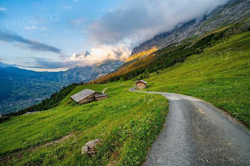 Road, alpine huts and alpine meadows, mountain landscape at sunset, summit of the Wetterhorn in the background, Alpiglen, Grindelwald, Bernese Oberland, Switzerland