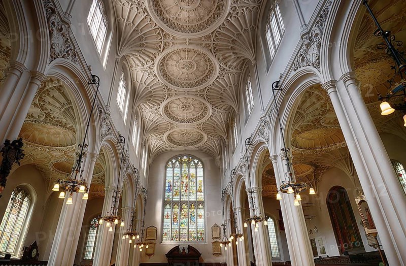 Interior view with church ceiling, stucco ceiling, stucco relief, St Mary Aldermary Church, City of London, London, England, Great Britain, Great Britain