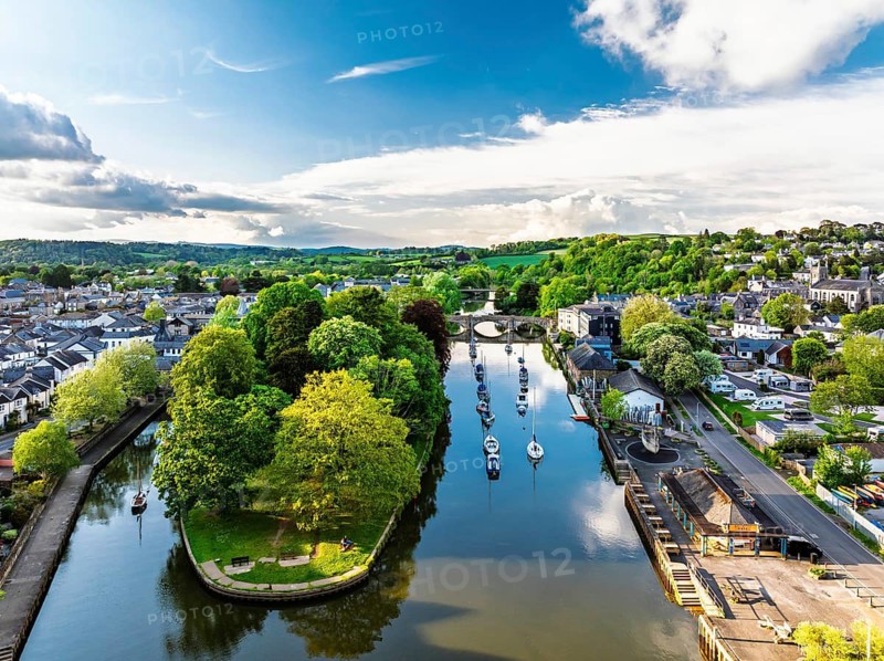 Totnes over River Dart from a drone, Devon, England, United Kingdom